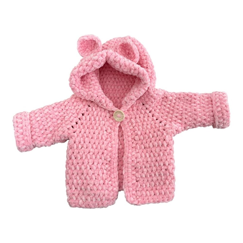 Handmade Pink Chenille Newborn Baby Hoodie & Booties Set Bear Ears Soft Plush - Picture 12 of 16